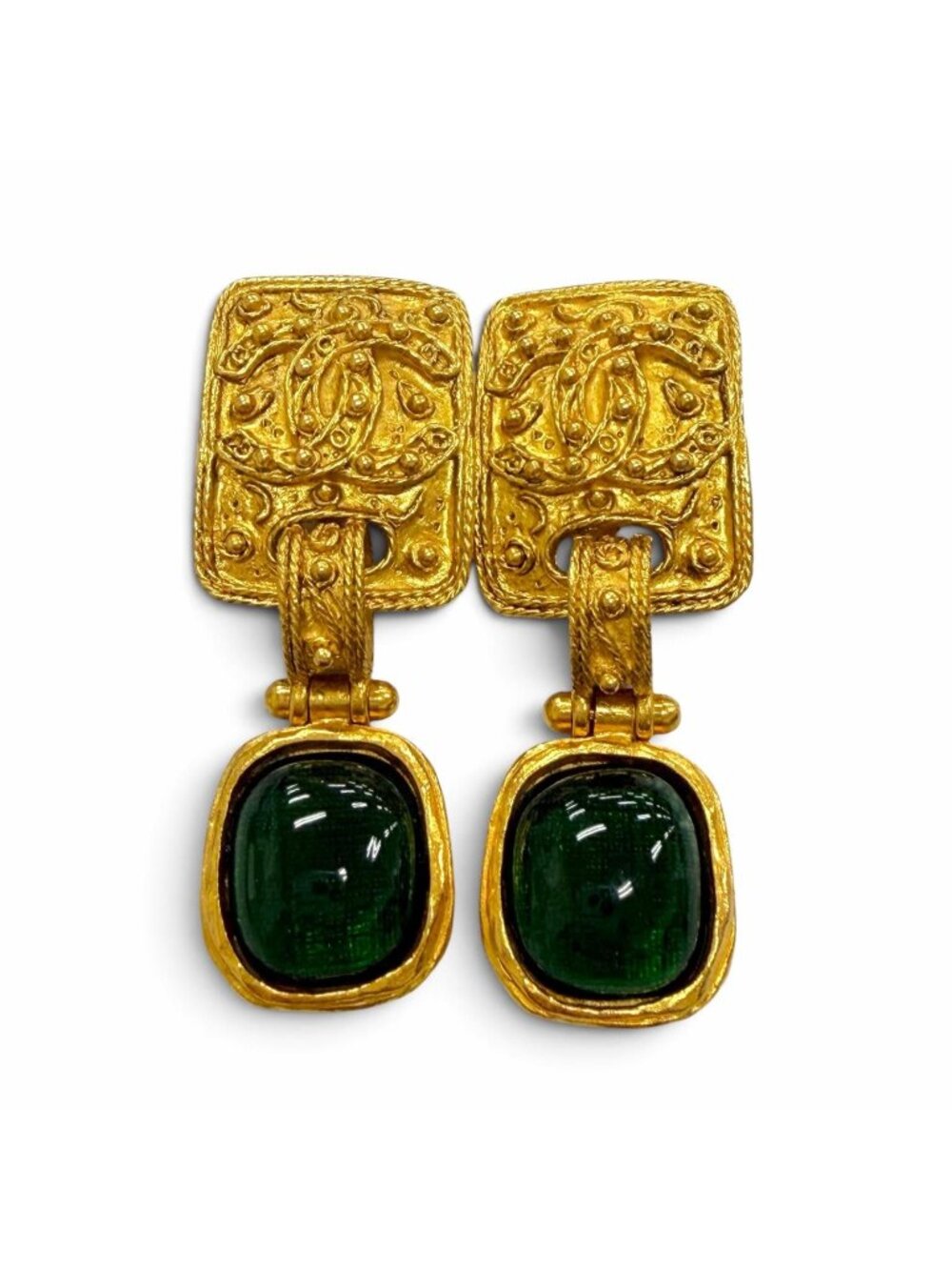 Chanel Vintage 95A CC Logo Gripoix Swing Earrings Gold Green French